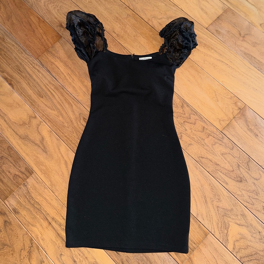 Xtraordinary Black Sheath Mini Dress with Puff Cap Sleeves
